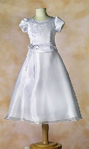 White Short Sleeve Satin and Organza Communion Baptism Gown Acce