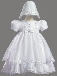 Satin Dress with Organza Overlay and Bonnet