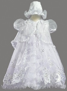 White Ruffled Organza Christening Baptism Dress with Embroidered