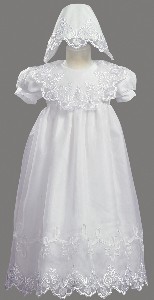 Embroidered Organza Gown with Ribboned Accents and Matching Bonn