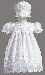 Short White Embroidered Poly Cotton Christening Baptism Gown wit