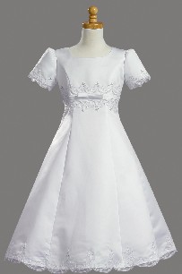 White Satin Embroidered A-Line First Communion Dress