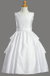 White Satin Sleeveless Communion Dress with Cummerbund and Accen