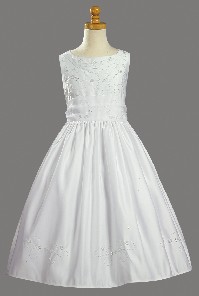 Beaded Sleeveless White Satin First Communion Dress