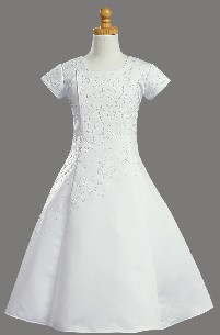 White Satin A-Line Dress First Communion Baptism Dress with Bead