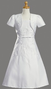 Communion Baptism Embroidered Satin A-Line Dress with Bolero