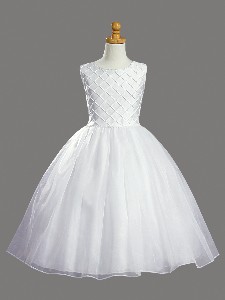 White Shantung First Communion Dress with Tucked Bodice and Pear