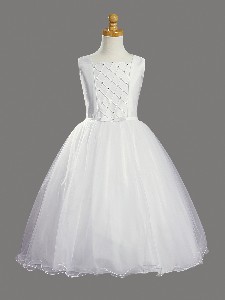 White Shantung First Communion Dress with Tucked Bodice and Rhin