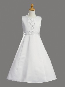 White Satin A-line First Communion Dress with Beaded Accents