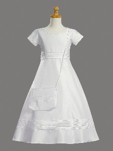Classic White A-Line Shantung First Communion Dress with Pearl A